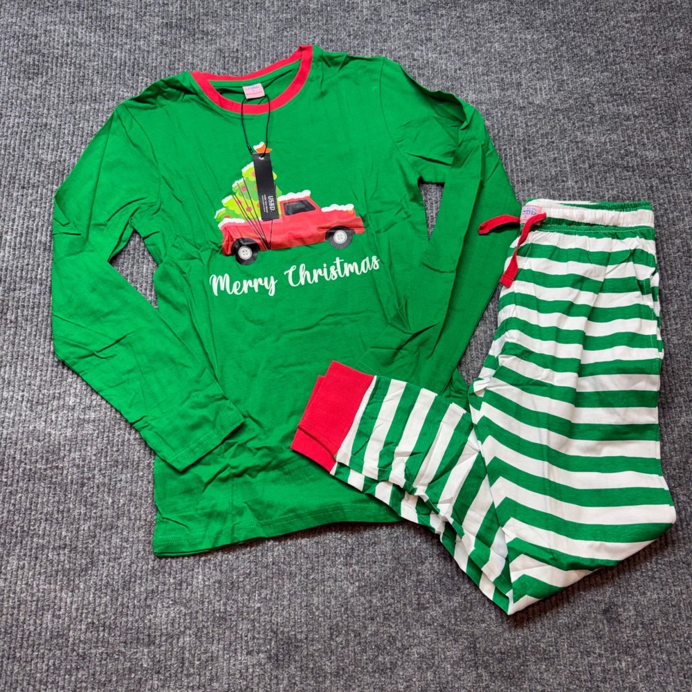 USBD Family Christmas Pajama Set Womens Small Green Red Truck Stripe Joggers
